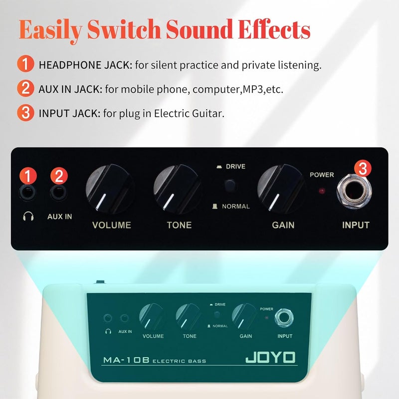 JOYO مضخم صوت جهير محمول 10 واط مع كابل جيتار جهير بطول 15 قدم مضخم صوت جهير صغير يعمل بالبطارية مجموعة مضخم صوت جهير MA-10B ثنائي القناة (CMA10B) - Image 4